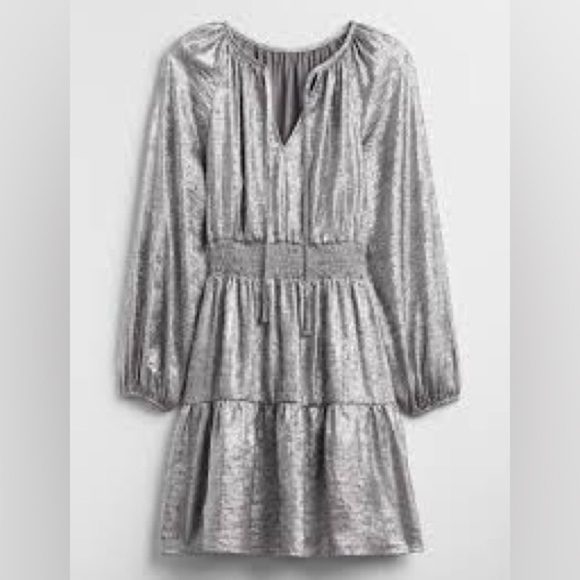 Gap Metallic Silver Smocked Shine Splitneck Mini Dress Available in Med or Large - Picture 1 of 10